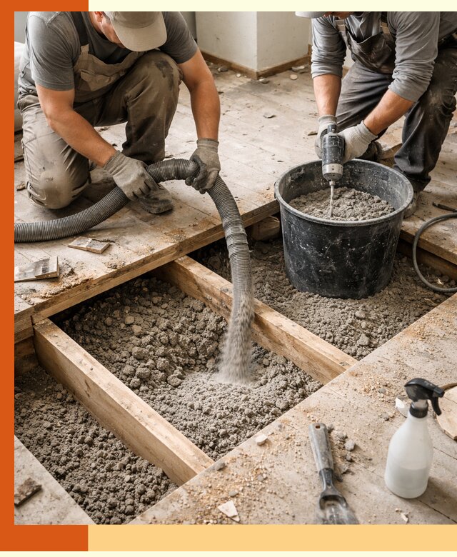 Заполнение пустот пола в Чехове полиуретаном и пенополистиролом