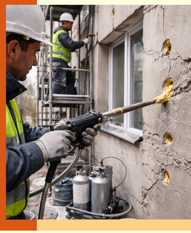 Заполнение пустот в фасаде и утепление стен в Чехове